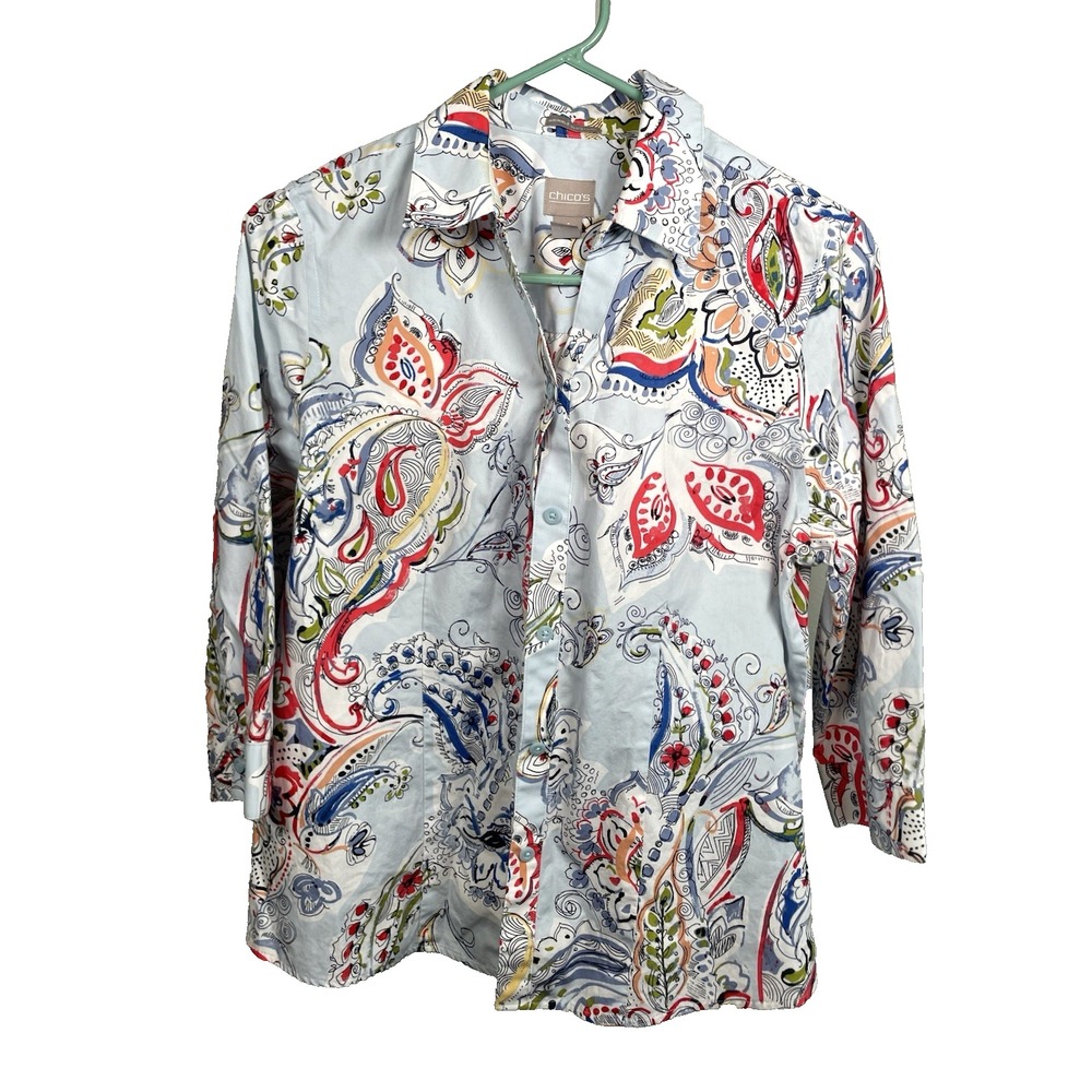 Chico's Button‎ Up Shirt 1 Medium US 8-10 Blue Paisley Top Feminine Boho Artsy